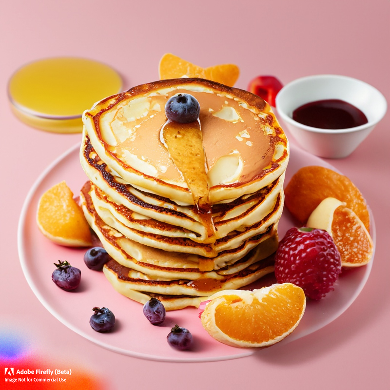 A large pancake with other small pancakes and maple syrup and fruits on a light pink background